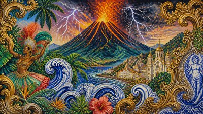 an erupting volcano with lightning strikes, dramatic wide composition, no text