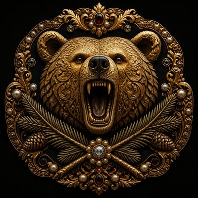 a roaring bear head above crossed pine branches, bold graphic composition on a plain background, no text