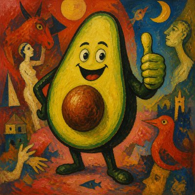 a happy avocado character giving a thumbs up, bold readable design on a plain background, no text