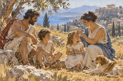 ancient greek parents and their children enjoy time together outdoors