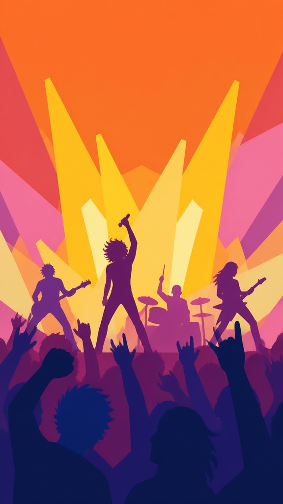 a live music scene with a glowing stage and silhouetted crowd, energetic vertical composition with open space at the top, no text