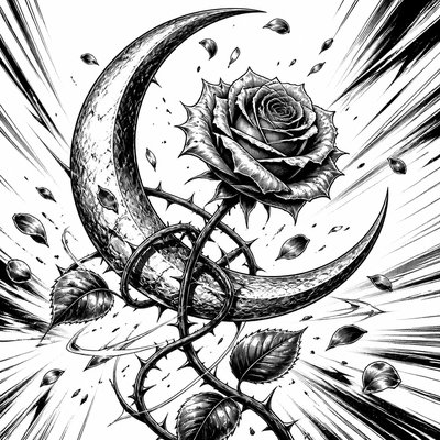 a rose entwined with a crescent moon, clean balanced composition on a plain background, no text