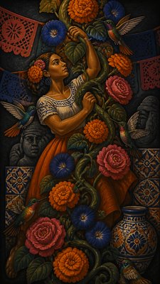 a climbing vine of flowers and hummingbirds on a dark background, tall wrapping composition, no text