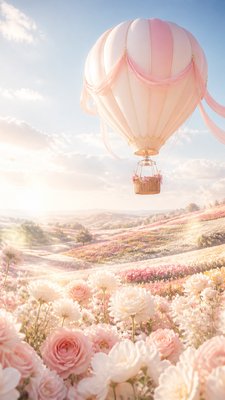 a hot air balloon drifting over rolling flower fields on a sunny day, cheerful, no text