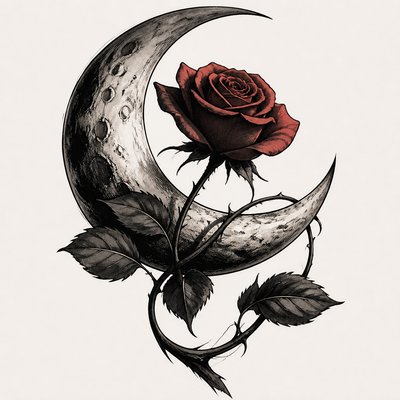 a rose entwined with a crescent moon, clean balanced composition on a plain background, no text