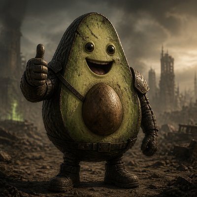 a happy avocado character giving a thumbs up, bold readable design on a plain background, no text