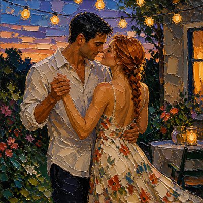 an original couple dancing under string lights in a garden at dusk: a man with short black hair in a linen shirt and a woman with braided red hair in a summer dress