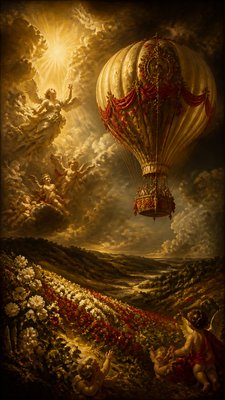 a hot air balloon drifting over rolling flower fields on a sunny day, cheerful, no text