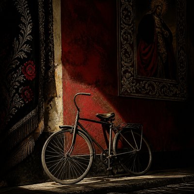 bicyle resting against a wall