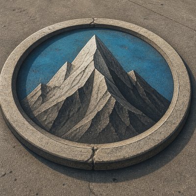 an emblem of a mountain peak inside a circle, simple bold shapes on a plain background, no text or lettering