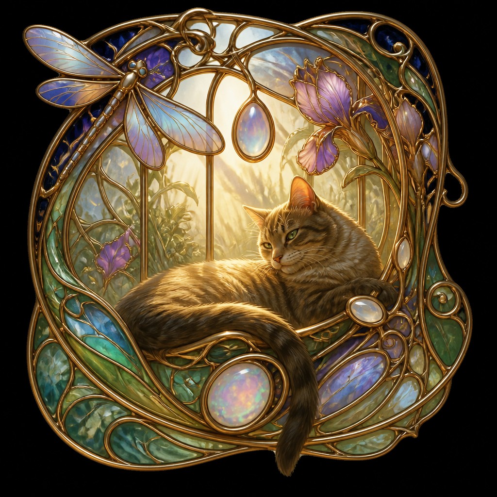 a cat lounging in a sunlit window — Art Nouveau Jewelry Design