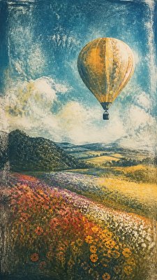 a hot air balloon drifting over rolling flower fields on a sunny day, cheerful, no text
