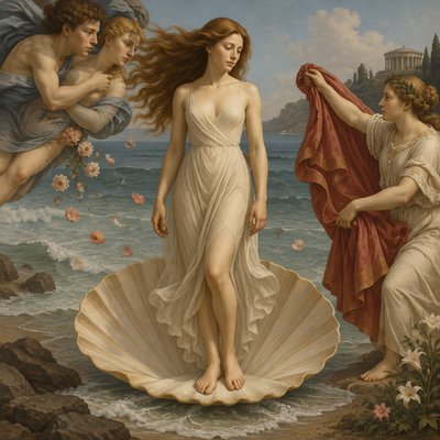 a painting of three women standing on a beach
