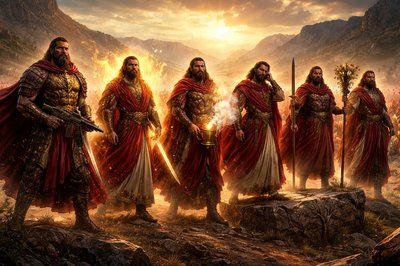 A wide, cinematic shot of six valiant ancient Hebrew warriors, the sons of Tola, standing in a vast desert valley. Each man is dressed in majestic tunics and sashes of deep scarlet, representing the Tola (scarlet worm) dye.Uzzi (My Strength): A massive, hulking commander in bronze-plated leather armor, prominently holding a modern tactical Uzi submachine gun with gold-inlay Hebrew engravings.

Jahmai (God Guards): Wrapped in a shimmering, protective golden aura that glows against his red robes.

Jibsam (Fragrant): Holding a golden censer emitting thick, fragrant clouds of white and scarlet-tinted incense. Shemuel (Heard of God): Posed in a moment of stillness, hand cupped to his ear as a faint golden light enters his mind.

Jeriel (Founded by God): Standing firmly atop a massive, ancient cornerstone carved with kermes oak branches.

Rephaiah (God Heals): Holding a wooden staff entwined with medicinal herbs and blooming red flowers. In the background, a massive army of 22,600 soldiers, all wearing scarlet standards, stretches to the horizon. High-contrast lighting, dramatic sunset, grit and hyper-detail, 8k resolution, biblical epic style. No text or letters on screen.