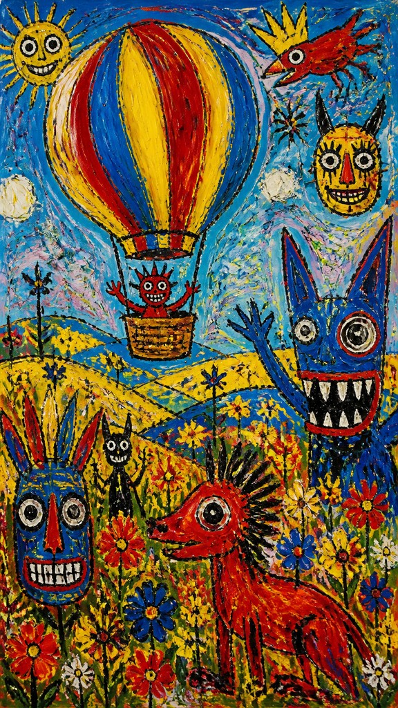 a hot air balloon drifting over rolling flower fields on a sunny day, cheerful, no text