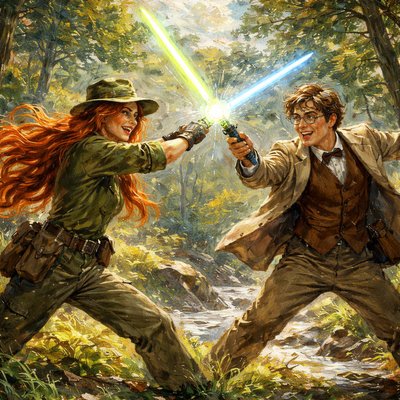 Draw a picture of a lady with long red hair to her waist in forest ranger attire dueling with light sabers with a young professor 