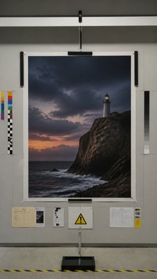 a lone lighthouse on a cliff at dusk under a dramatic sky, no text or lettering