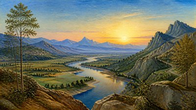 a vast valley with a river winding toward distant mountains at sunrise, no people, no text
