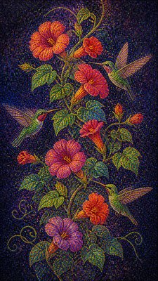 a climbing vine of flowers and hummingbirds on a dark background, tall wrapping composition, no text