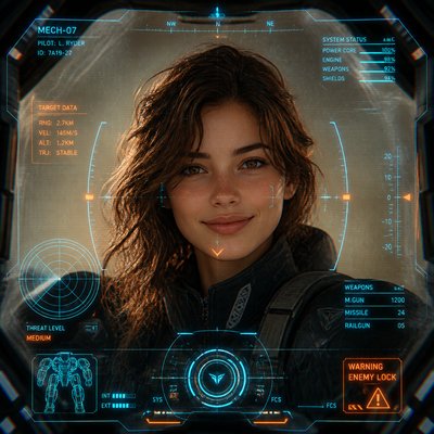 head-and-shoulders portrait of an original character: a young woman with wavy chestnut hair and a warm smile, plain soft backdrop