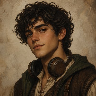 head-and-shoulders portrait of an original character: a young man with curly dark hair and headphones around his neck, plain backdrop, no text