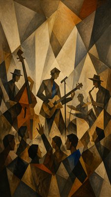 a live music scene with a glowing stage and silhouetted crowd, energetic vertical composition with open space at the top, no text