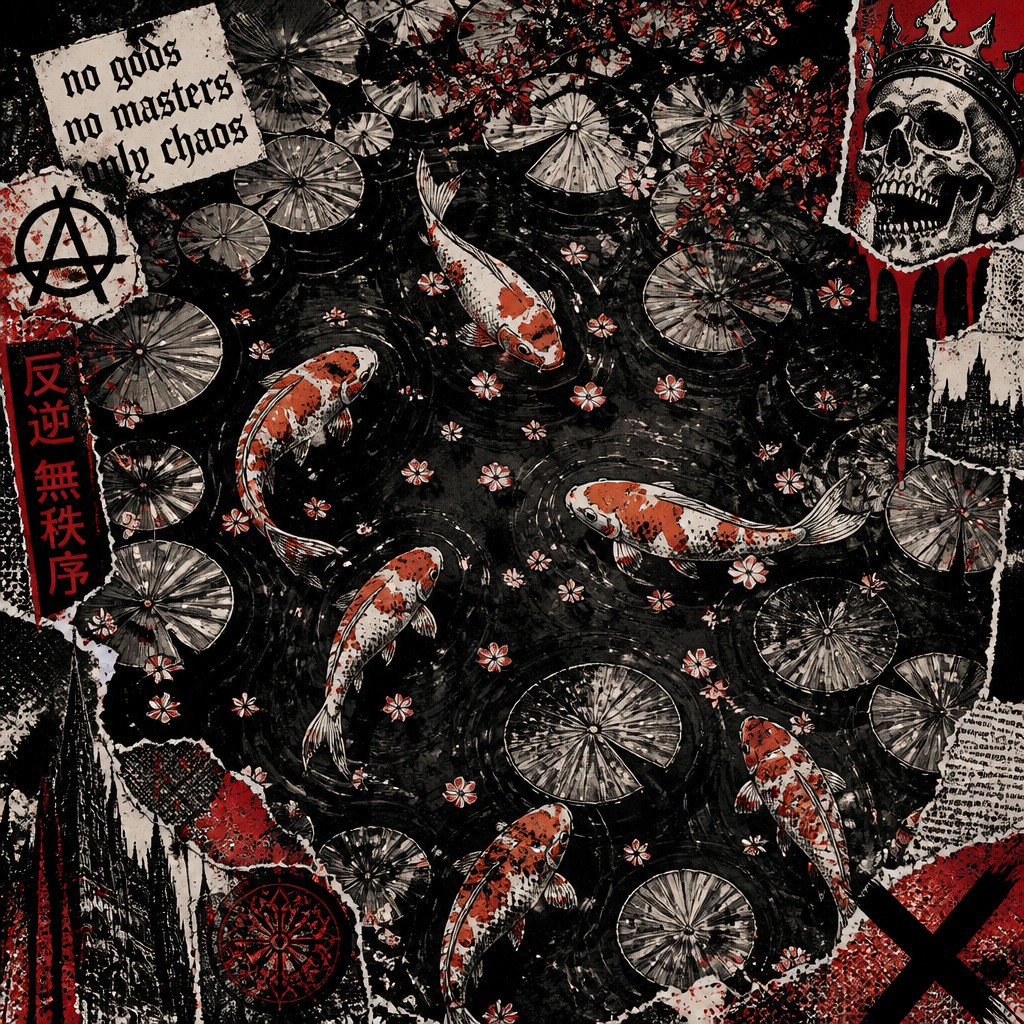 A koi pond seen from above, orange and white koi fish swimming among lily pads, clear water with subtle ripples, fallen cherry blossom petals floating on the surface, dappled sunlight
