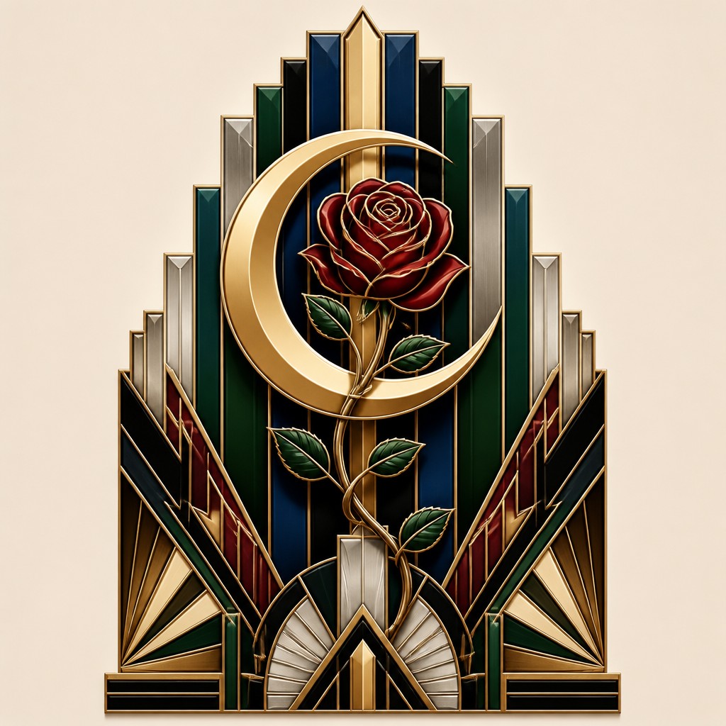 a rose entwined with a crescent moon, clean balanced composition on a plain background, no text