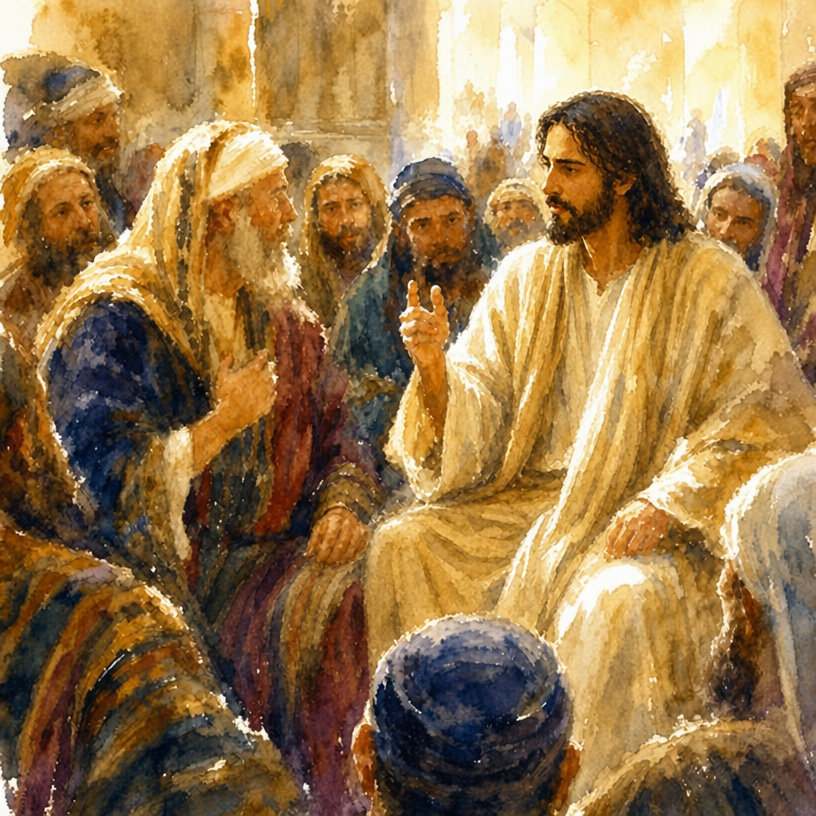 a painting of jesus talking to a group of people