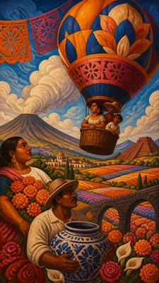 a hot air balloon drifting over rolling flower fields on a sunny day, cheerful, no text