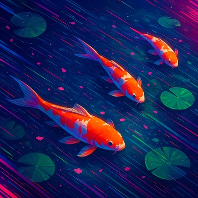 A koi pond seen from above, orange and white koi fish swimming among lily pads, clear water with subtle ripples, fallen cherry blossom petals floating on the surface, dappled sunlight