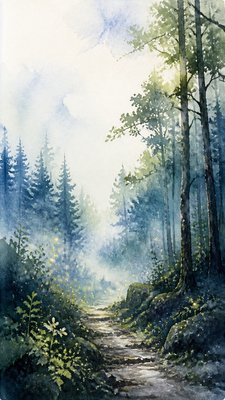 a mysterious forest path with fireflies and drifting mist, atmospheric vertical composition with open space at the top, no text