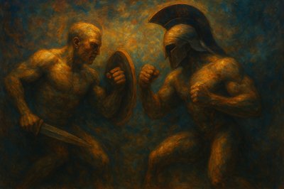 a painting of two men holding a mirror