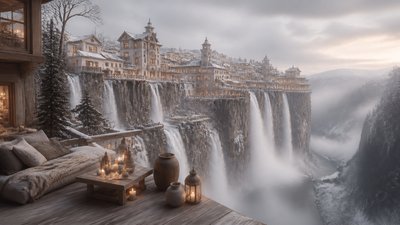 a cliffside city with waterfalls cascading into a misty canyon, wide establishing shot, no people, no text