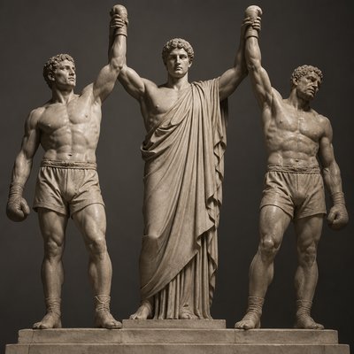 Polyclitus with two boxers raising their hands