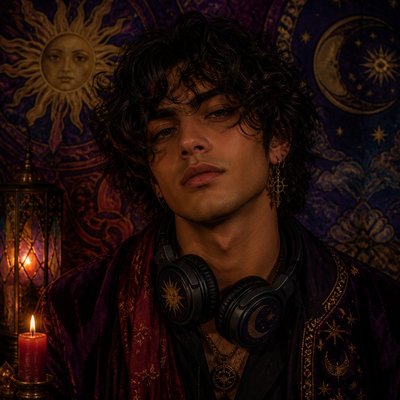 head-and-shoulders portrait of an original character: a young man with curly dark hair and headphones around his neck, plain backdrop, no text