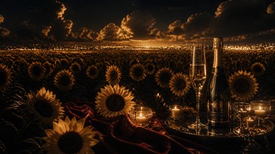 an endless field of sunflowers under summer clouds, no people