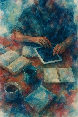 a painting of a man sitting at a table working on a laptop
