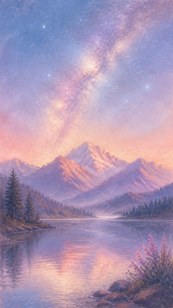 a tranquil mountain lake beneath a starry night sky, no people, no text