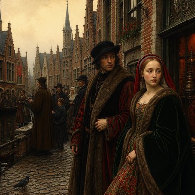 urban street with city activity — Bruges Art Style