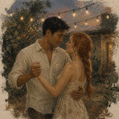 an original couple dancing under string lights in a garden at dusk: a man with short black hair in a linen shirt and a woman with braided red hair in a summer dress