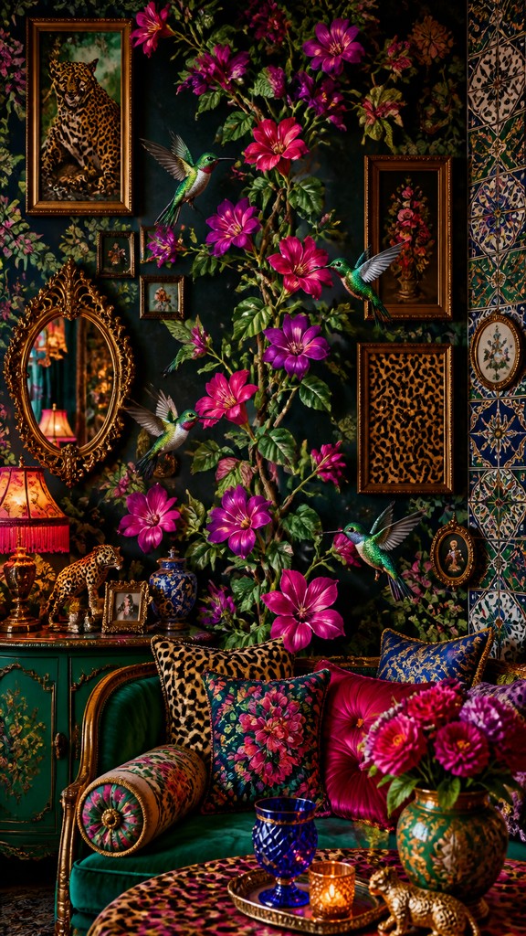 a climbing vine of flowers and hummingbirds on a dark background, tall wrapping composition, no text