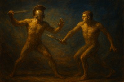 a painting of two men fighting each other