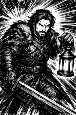 a painting of a man in armor holding a lantern