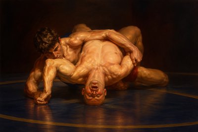 a painting of a man wrestling on a wrestling ring