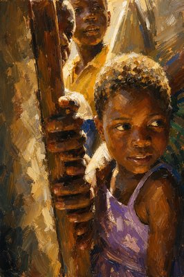 a painting of a little girl holding a baseball bat