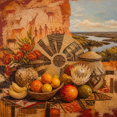 still life arrangement of fruits and flowers