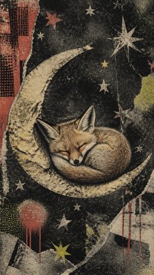 a sleeping baby fox curled on a crescent moon among soft stars, gentle and warm, no text