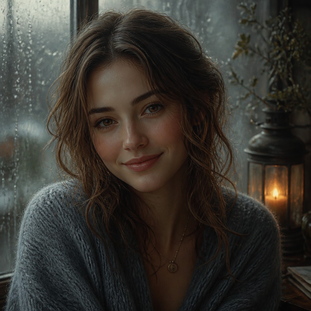 head-and-shoulders portrait of an original character: a young woman with wavy chestnut hair and a warm smile, plain soft backdrop