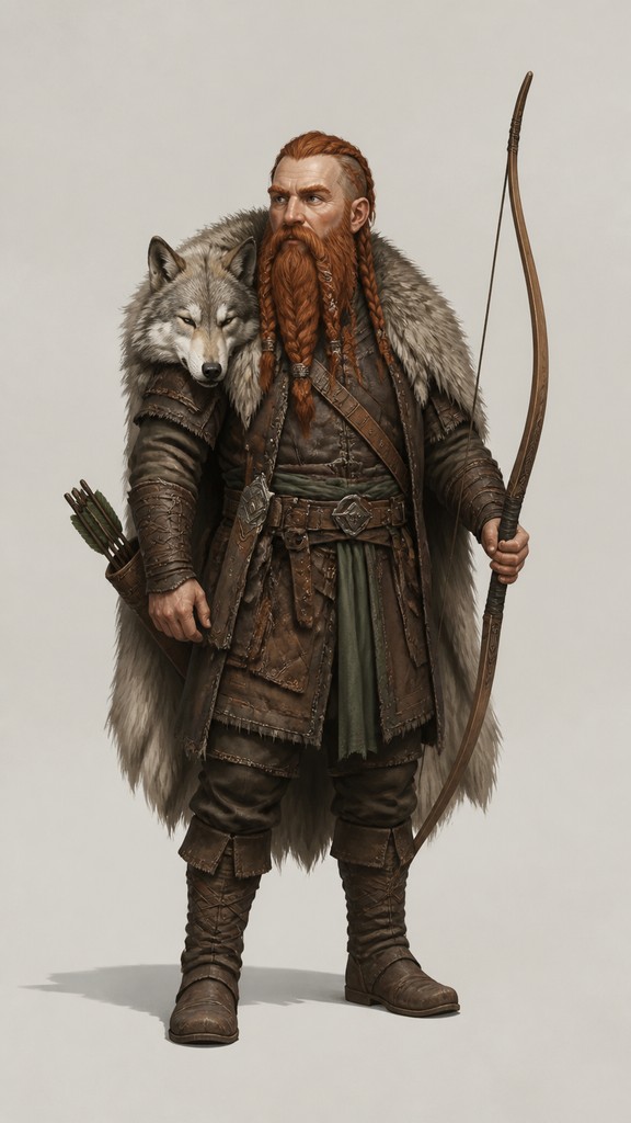 full-body original character: a dwarven ranger with a braided auburn beard, worn leather armor, a longbow and a wolf-pelt cloak, neutral background, no text